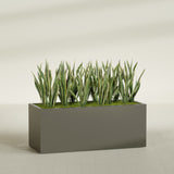 Granada rectangular fiberglass planter in Matte Bronze, 60 × 24 × 24 in, shown planted in a room