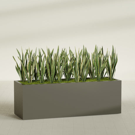 Granada rectangular fiberglass planter in Matte Bronze, 72 × 24 × 24 in, shown planted in a room