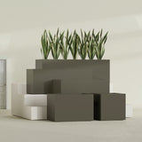 Granada rectangular fiberglass planter in Matte Bronze, all four lengths shown together, 36 to 72 in long