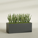 Granada rectangular fiberglass planter in Matte Charcoal, 60 × 24 × 24 in, shown planted in a room