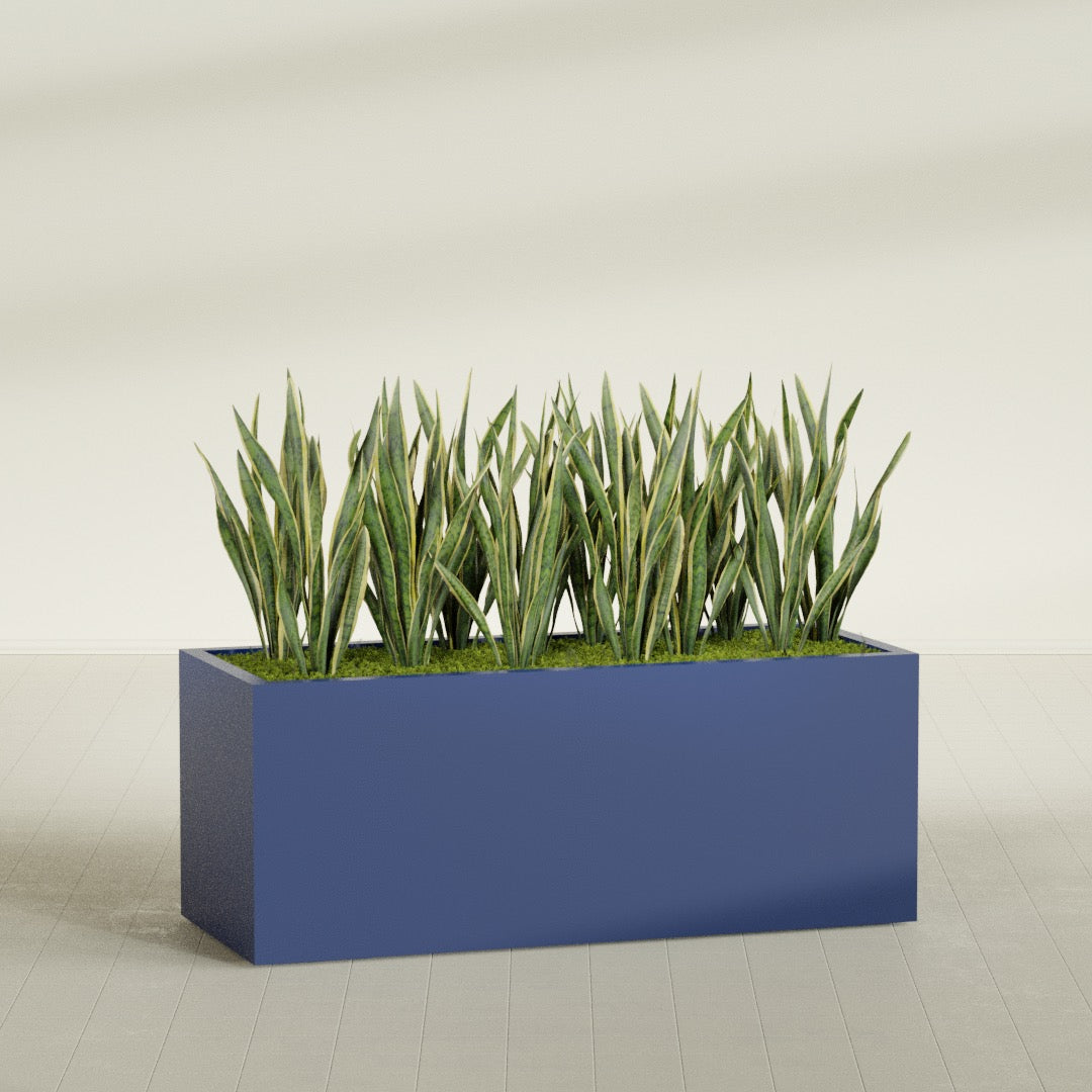 Granada rectangular fiberglass planter in Matte Cobalt Blue, 60 × 24 × 24 in, shown planted in a room