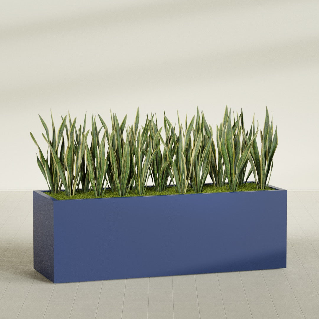 Granada rectangular fiberglass planter in Matte Cobalt Blue, 72 × 24 × 24 in, shown planted in a room