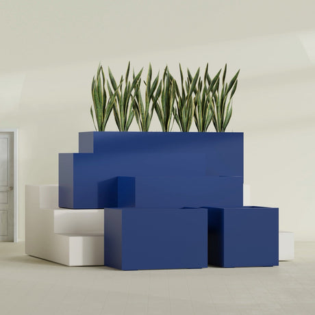 Granada rectangular fiberglass planter in Matte Cobalt Blue, all four lengths shown together, 36 to 72 in long