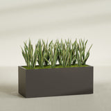 Granada rectangular fiberglass planter in Matte Dark Brown, 60 × 24 × 24 in, shown planted in a room