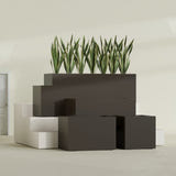 Granada rectangular fiberglass planter in Matte Dark Brown, all four lengths shown together, 36 to 72 in long