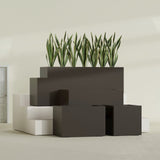 Granada rectangular fiberglass planter in Matte Dark Brown, all four lengths shown together, 36 to 72 in long