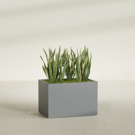 Granada rectangular fiberglass planter in Matte Gunmetal, 36 × 24 × 24 in, shown planted in a room