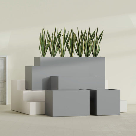 Granada rectangular fiberglass planter in Matte Gunmetal, all four lengths shown together, 36 to 72 in long