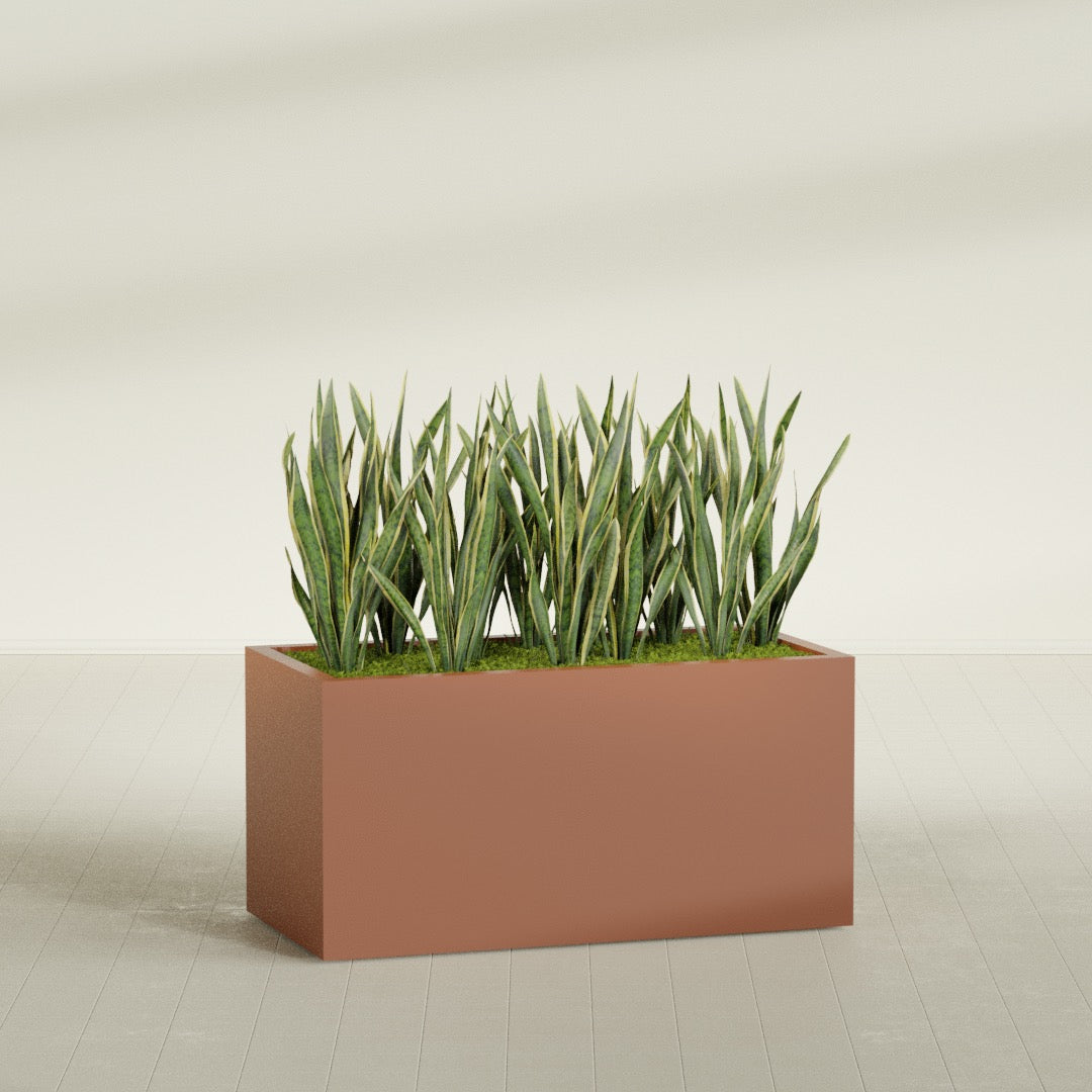 Granada rectangular fiberglass planter in Matte Terra Cotta, 48 × 24 × 24 in, shown planted in a room
