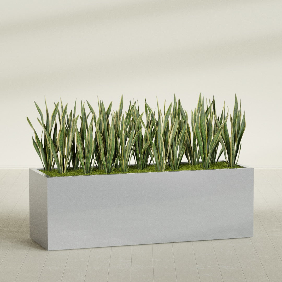 Granada rectangular fiberglass planter in Metallic Silver, 72 × 24 × 24 in, shown planted in a room