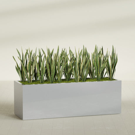 Granada rectangular fiberglass planter in Metallic Silver, 72 × 24 × 24 in, shown planted in a room