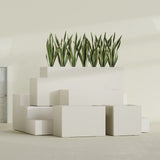 Granada rectangular fiberglass planter in Satin Beige, all four lengths shown together, 36 to 72 in long