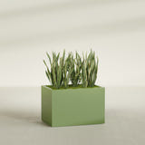 Granada rectangular fiberglass planter in Satin Green, 36 × 24 × 24 in, shown planted in a room