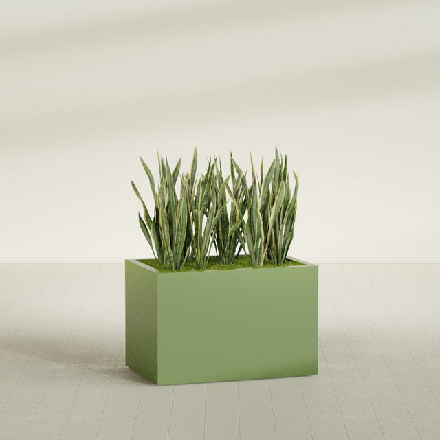 Granada rectangular fiberglass planter in Satin Green, 36 × 24 × 24 in, shown planted in a room