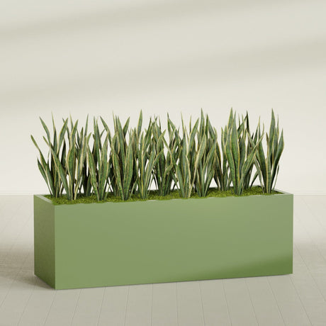 Granada rectangular fiberglass planter in Satin Green, 72 × 24 × 24 in, shown planted in a room