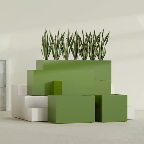 Granada rectangular fiberglass planter in Satin Green, all four lengths shown together, 36 to 72 in long