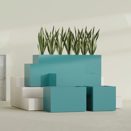Granada rectangular fiberglass planter in Satin Seafoam Green, all four lengths shown together, 36 to 72 in long