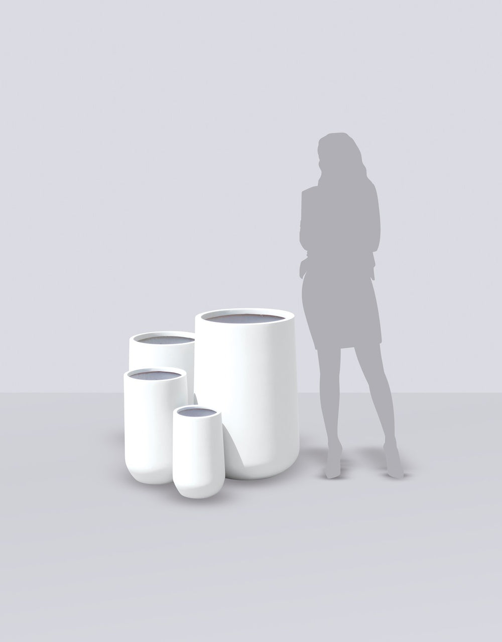 Hayden Urn fiberglass planter size range shown to scale beside a standing figure