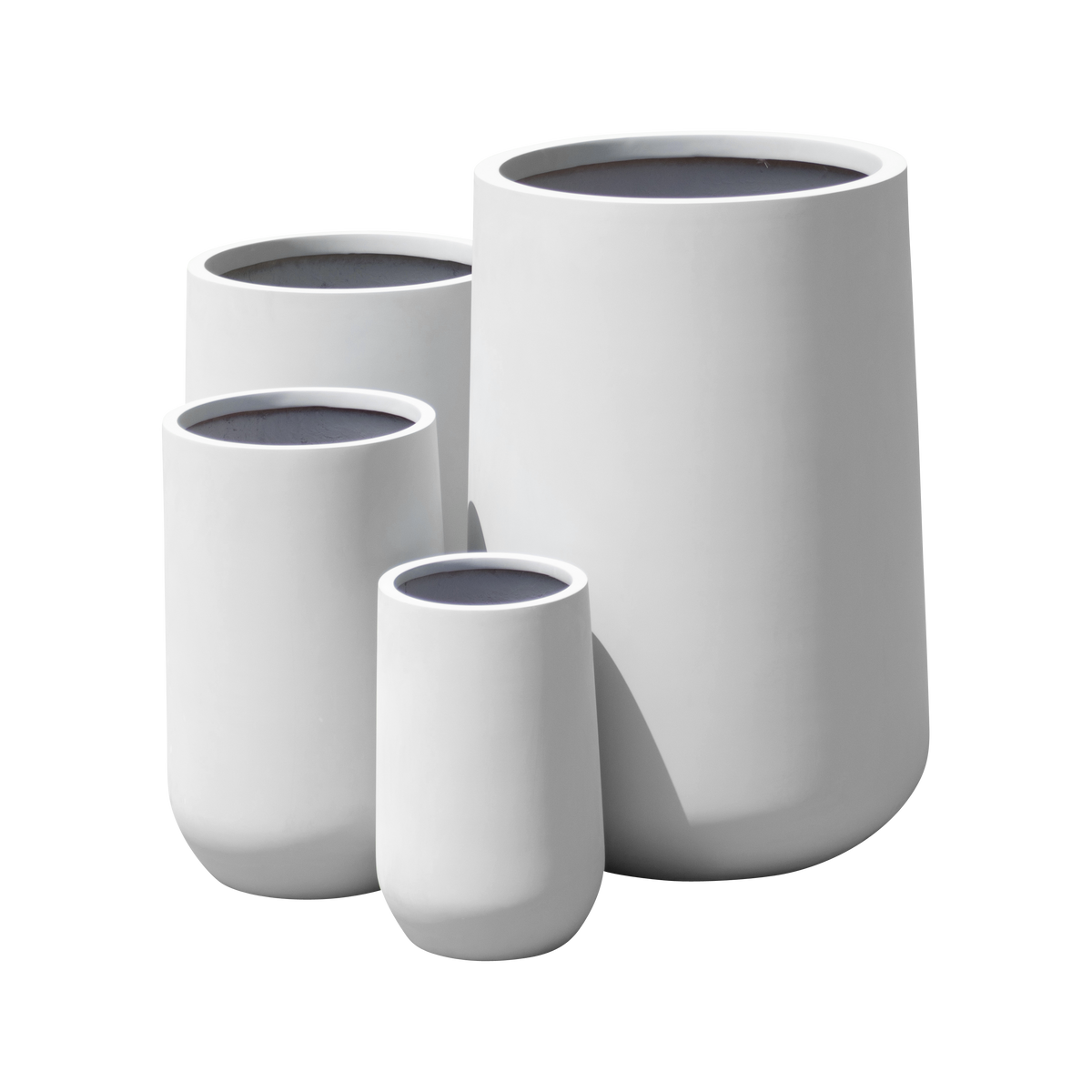 Hayden urn fiberglass planter shown in all sizes side by side in a studio render for comparing sizes: D 13 in × 20 in, D 17 in × 23 in, D 20 in × 29 in