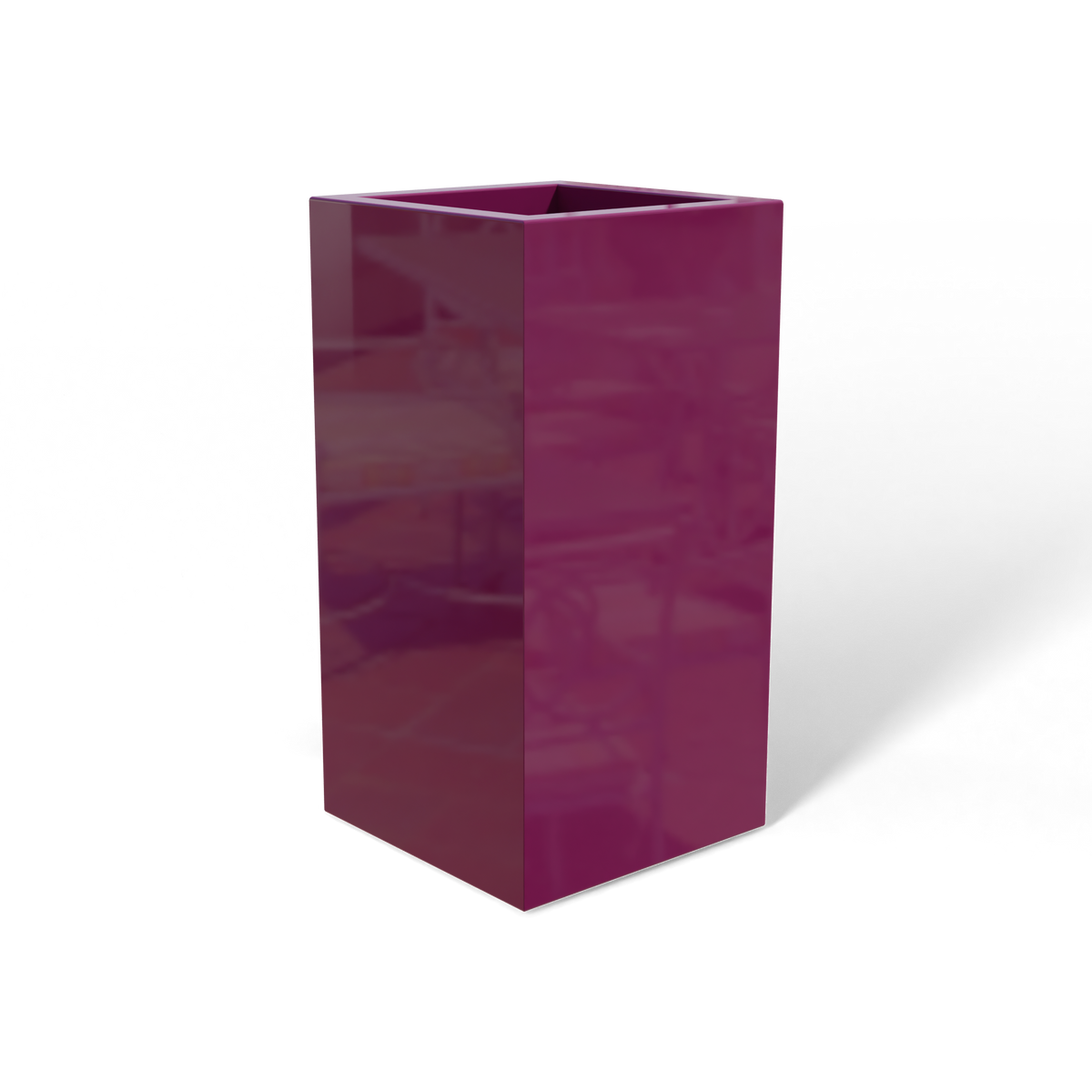 Hollywood corner fiberglass planter in Gloss Eggplant, 12 × 12 × 24 in, studio render