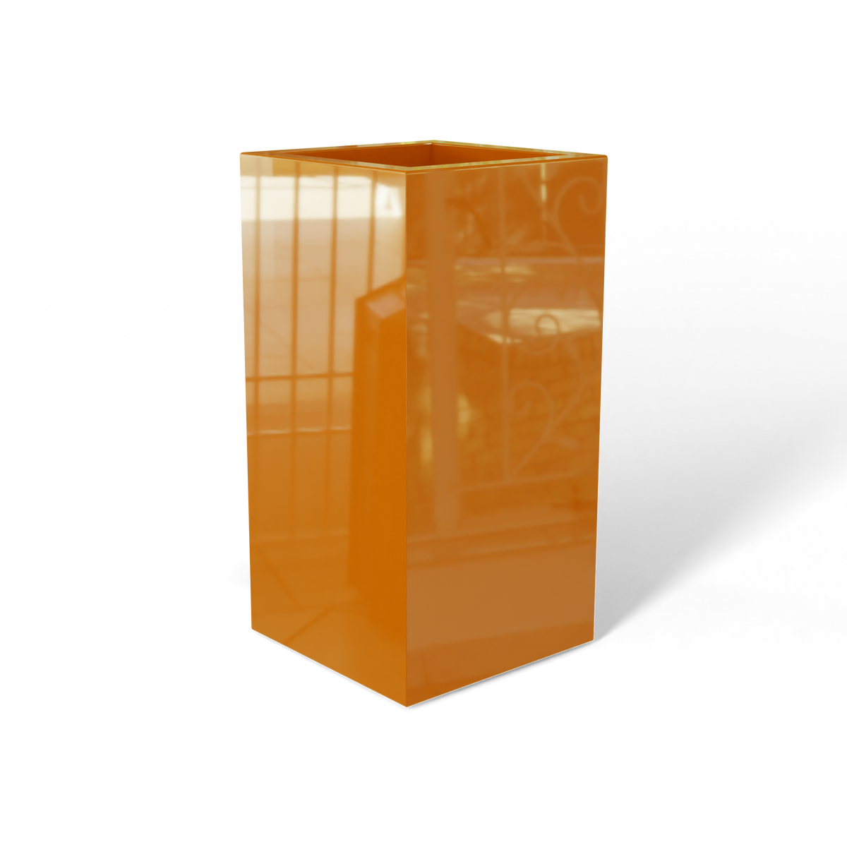 Hollywood corner fiberglass planter in Gloss Tangerine, 12 × 12 × 24 in, studio render