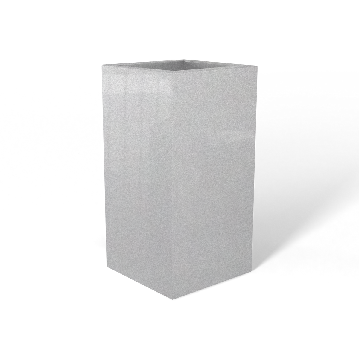 Hollywood corner fiberglass planter in Metallic Silver, 12 × 12 × 24 in, studio render