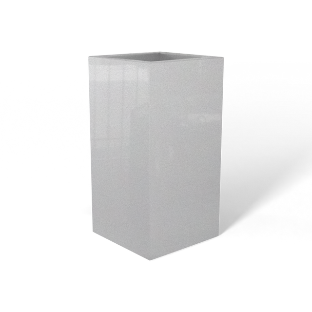 Hollywood corner fiberglass planter in Metallic Silver, 12 × 12 × 24 in, studio render