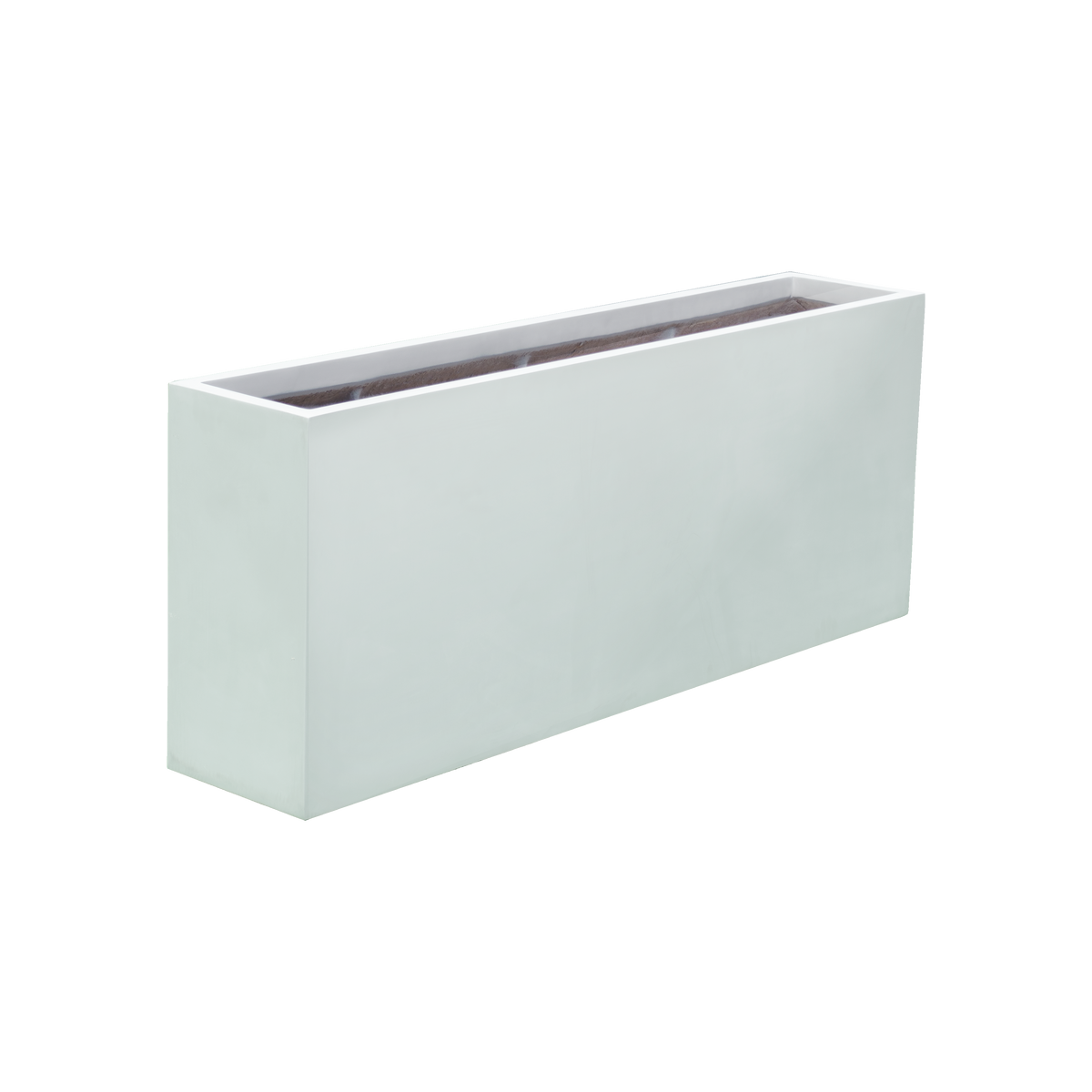 Hollywood narrow rectangular fiberglass planter in Gloss Bright White, 48 × 12 × 24 in, studio render