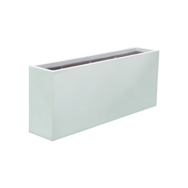 Hollywood narrow rectangular fiberglass planter in Gloss Bright White, 48 × 12 × 24 in, studio render