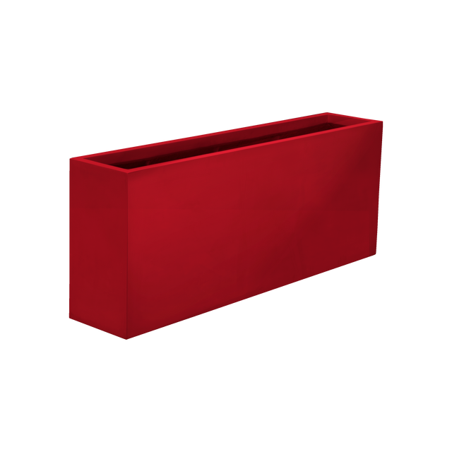 Hollywood narrow rectangular fiberglass planter in Gloss Red, 48 × 12 × 24 in, studio render