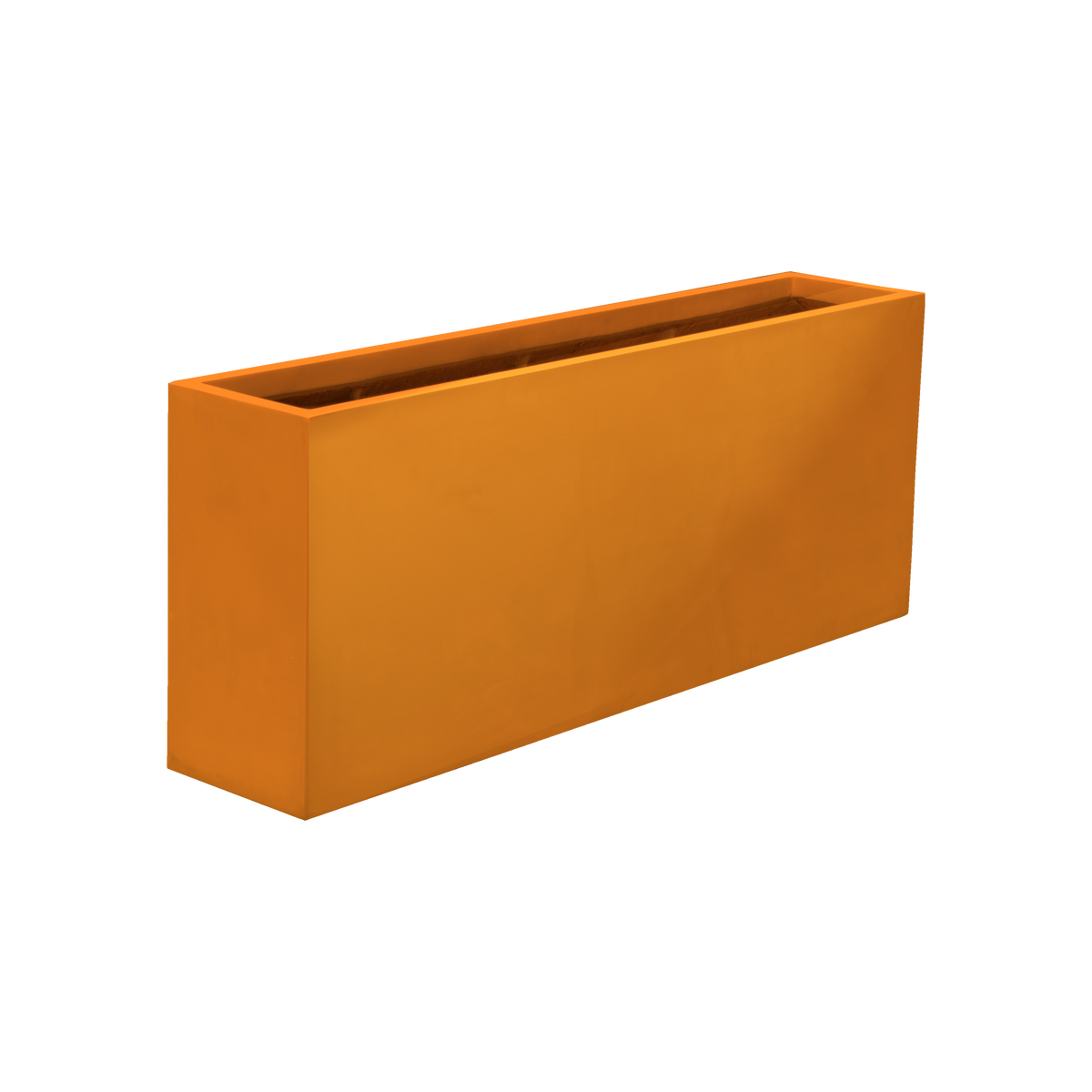 Hollywood narrow rectangular fiberglass planter in Gloss Tangerine, 48 × 12 × 24 in, studio render