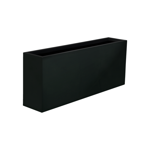 Hollywood narrow rectangular fiberglass planter in Matte Black, 48 × 12 × 24 in, studio render
