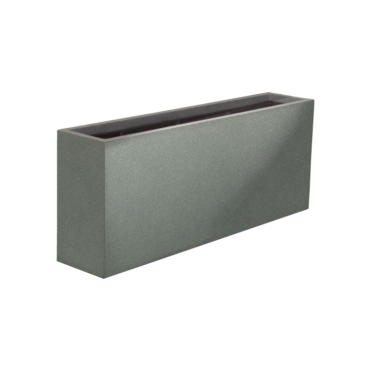 Hollywood narrow rectangular fiberglass planter in Matte Gunmetal, 48 × 12 × 24 in, studio render