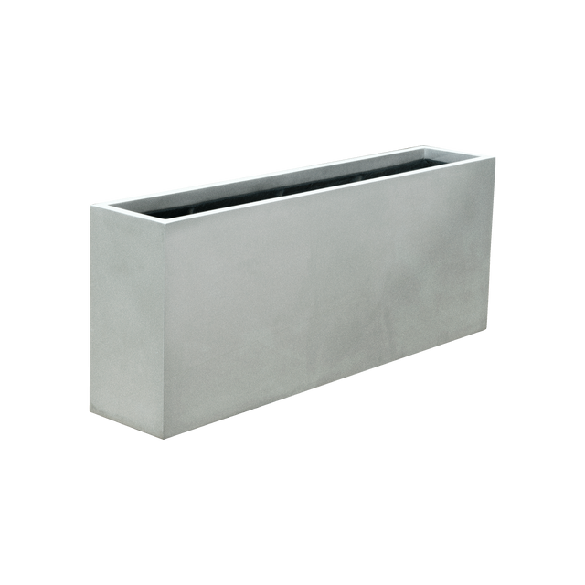 Hollywood narrow rectangular fiberglass planter in Metallic Silver, 48 × 12 × 24 in, studio render