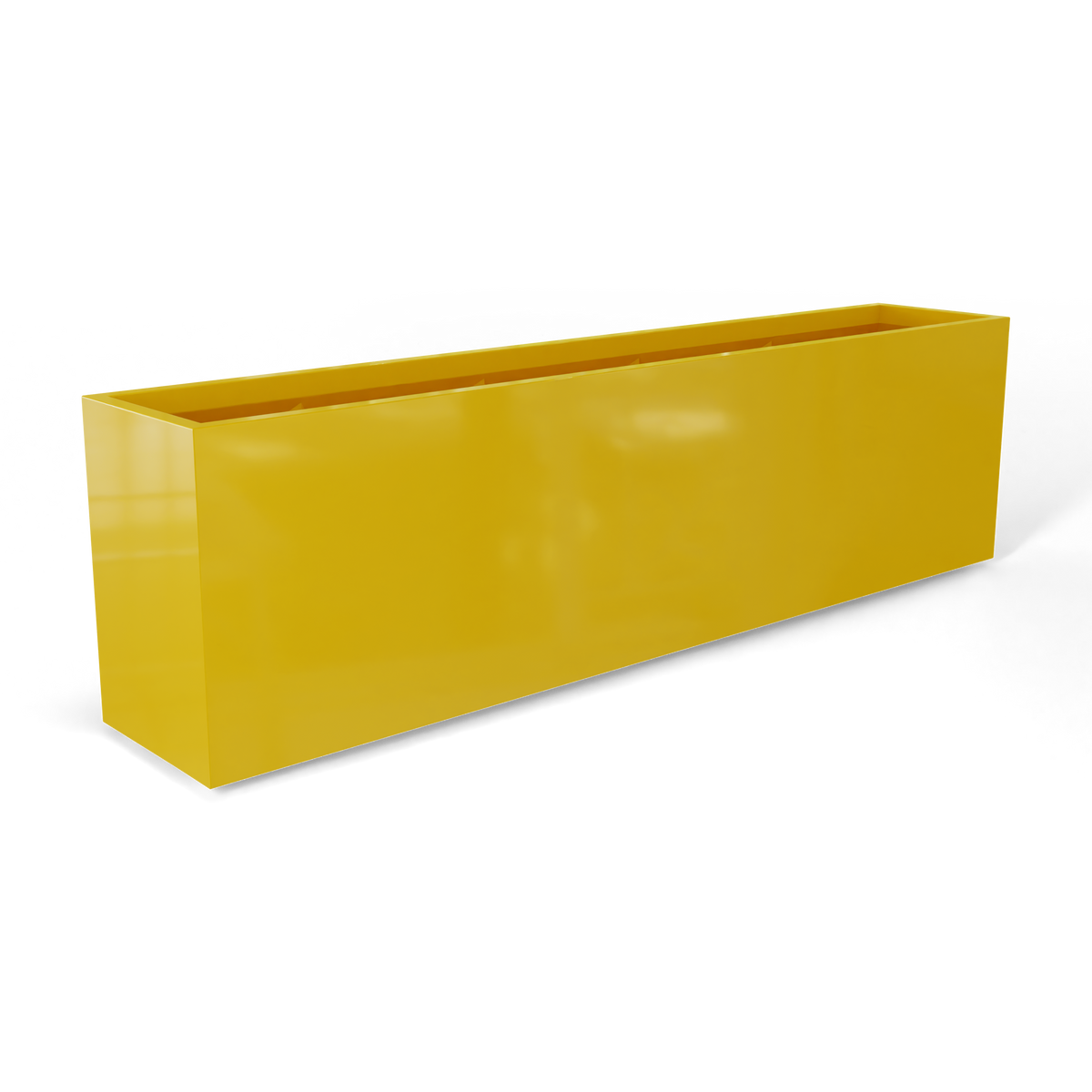 Hudson extra long fiberglass planter in Gloss Saffron, 100 × 18 × 28 in, studio render