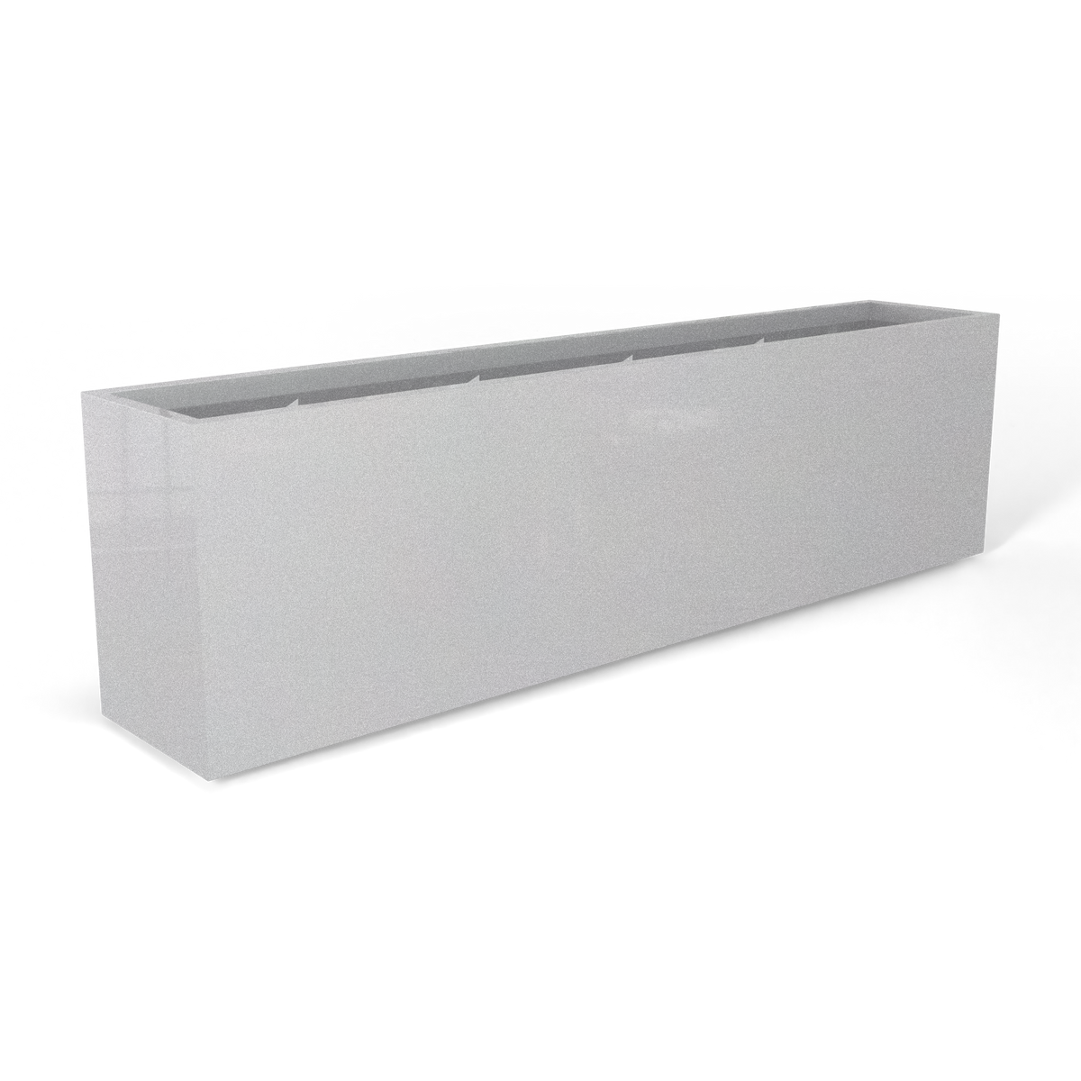 Hudson extra long fiberglass planter in Metallic Silver, 100 × 18 × 28 in, studio render