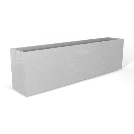 Hudson extra long fiberglass planter in Metallic Silver, 100 × 18 × 28 in, studio render