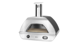 Bull Dual Fuel Countertop Pizza Oven in stainless steel with compact design and chimney vent on white background