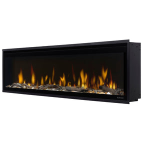 Dimplex Ignite Evolve Linear Electric Fireplace with realistic flames and glowing logs in a sleek black frame design