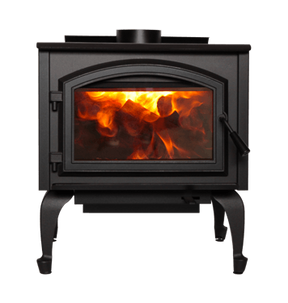 Empire Gateway 2300 Complete Wood Stove with visible roaring flames and classic black cast iron design