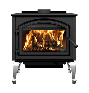 Empire Gateway 3500 Complete Wood Stove with bright flames visible through a large glass viewing window and sturdy legs
