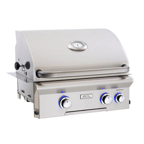 AOG L Series Built-In Gas Grills stainless steel outdoor grill with control knobs and built-in thermometer on lid
