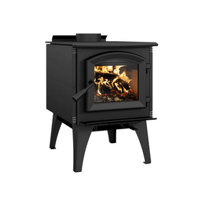 Enerzone Solution 1.4 Wood Stoves compact black wood stove with arched glass door and burning fire inside