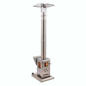 Timber Stoves Lil’ Timber Patio Heater wood pellet heater with stainless steel body and visible fire chamber