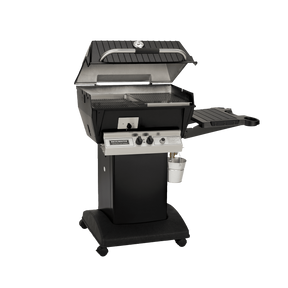 Broilmaster Specialty Series Slow Cooker Gas Grills with open lid, dual control knobs, and side warming rack in black finish