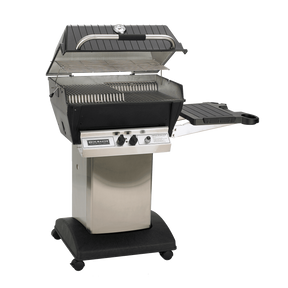 Broilmaster Premium Series Gas Grills with open lid, stainless steel body, control knobs, and side shelf on wheels
