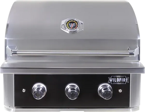 Wildfire Ranch PRO Built‑In Gas Grills stainless steel grill with three control knobs and built-in thermometer on lid
