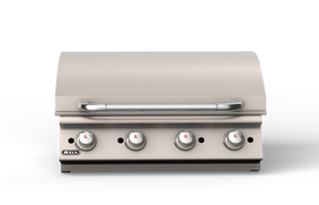 Bull Commercial Style Griddle with four control knobs and sleek closed lid in professional outdoor kitchen design