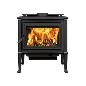 Enerzone Harmony 2.3 Wood Stoves with visible bright flames behind a large glass window in a classic black cast iron body