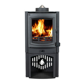 Breckwell SW500 Wood Stove with visible burning flames and black steel construction designed for compact heating spaces